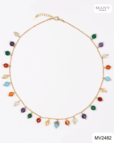 MV2482 - Set đá tự nhiên hạt tròn nhiều màu mix cách điệu phụ kiện bạc 925 mạ vàng 18k gồm dây chuyền và bông tai