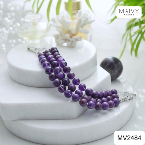 MV2484 - Lắc tay thạch anh tím hạt tròn 3 sợi size hạt 6-7mm