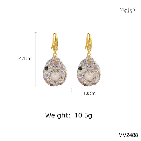 MV2488 - Bông tai kiểu trung đông gồm ngọc trai baroque trắng nhấn đá màu xung quanh dáng móc
