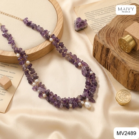 MV2489- Set thạch anh tím mix ngọc trai trắng gồm dây chuyền phía trước xếp 2 tầng và bông tai kết chùm