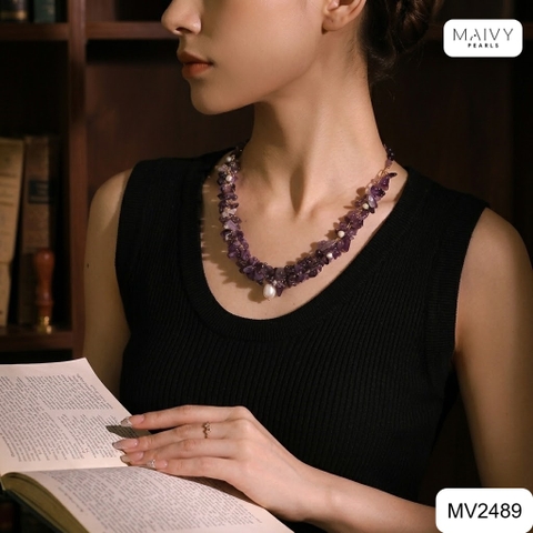 MV2489- Set thạch anh tím mix ngọc trai trắng gồm dây chuyền phía trước xếp 2 tầng và bông tai kết chùm