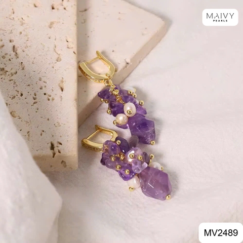 MV2489- Set thạch anh tím mix ngọc trai trắng gồm dây chuyền phía trước xếp 2 tầng và bông tai kết chùm