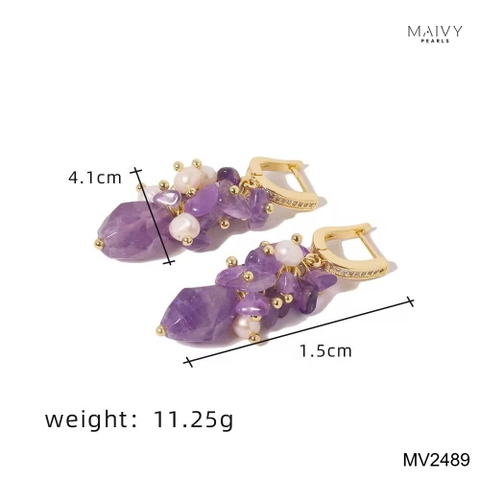 MV2489- Set thạch anh tím mix ngọc trai trắng gồm dây chuyền phía trước xếp 2 tầng và bông tai kết chùm
