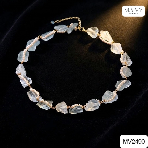 MV2490 - Dây chuyền đá thạch anh xanh hình khối mix ngọc trai trắng sz nhí