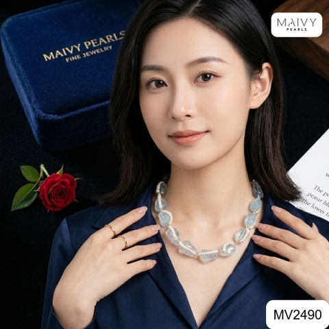 MV2490 - Dây chuyền đá thạch anh xanh hình khối mix ngọc trai trắng sz nhí