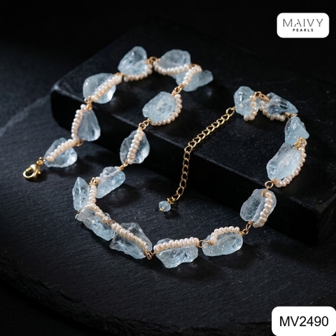 MV2490 - Dây chuyền đá thạch anh xanh hình khối mix ngọc trai trắng sz nhí