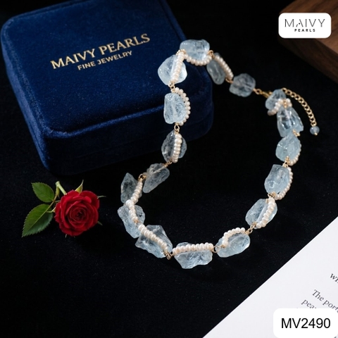 MV2490 - Dây chuyền đá thạch anh xanh hình khối mix ngọc trai trắng sz nhí