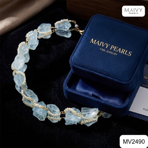 MV2490 - Dây chuyền đá thạch anh xanh hình khối mix ngọc trai trắng sz nhí