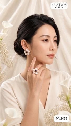 MV2498- Dây chuyền bạc 925 mạ vàng 18k mặt ngọc trai trắng kết hoa nhụy đá xanh dương