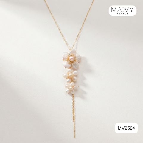MV2504 - Dây chuyền bạc 925 mạ vàng 18k mặt ngọc trai trắng kết 3 bông hoa 5 cánh thả dài