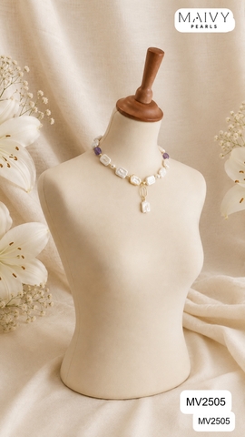 MV2505 - Dây chuyền ngọc trai baroque chữ nhật trắng mix phale có mặt dáng chocker