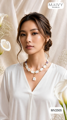 MV2505 - Dây chuyền ngọc trai baroque chữ nhật trắng mix phale có mặt dáng chocker