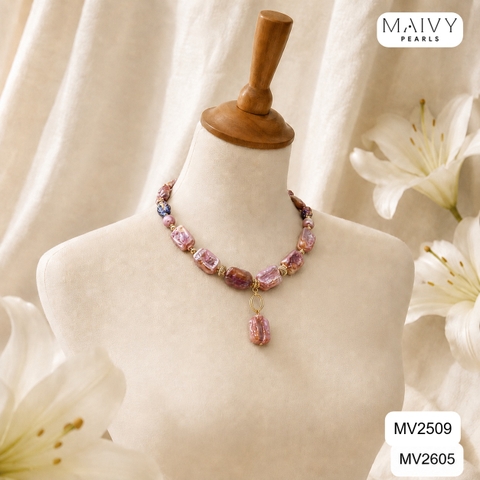 MV2509 - Dây chuyền ngọc trai baroque hình chữ nhật màu hồng ánh tím kèm mặt