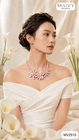 MV2515 - Dây chuyền trai hồng ánh tím nhấn mặt 3 hoa lớn Nàng Thơ