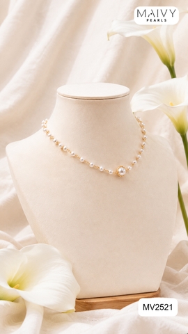 MV2521 - Dây chuyền ngọc trai trắng size 4-5mm nhấn viên to sz 10mm bọc viền dáng chocker