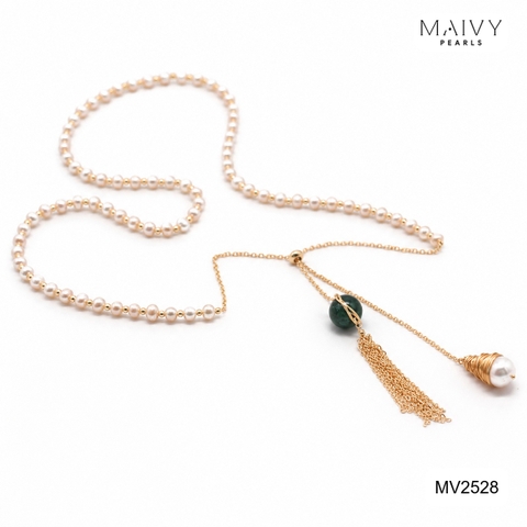 MV2528 - Dây chuyền ngọc trai trắng sz 5-6mm mix bi bạc 925 mạ vàng 18k thả dài nhấn mặt đá xanh