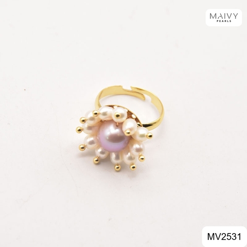MV2531 - Nhẫn ngọc trai gạo kết dáng hoa mặt trời freesize phụ kiện bạc 925 mạ vàng 18k