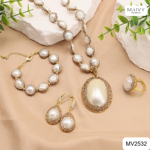 MV2532 - Set bộ ngọc trai trắng kiểu dáng trung đông có cẩn đá xung quanh gồm dây chuyền/lắc tay/bông tai/nhẫn
