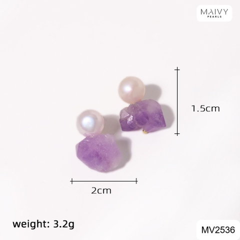 MV2536 - Bông tai ngọc trai trắng mix đá thạch anh tím dáng nụ