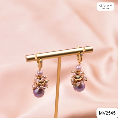 MV2545- Bông tai ngọc trai hồng ánh tím nhiều size kết chùm tầng dáng tònten