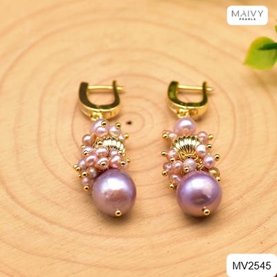 MV2545- Bông tai ngọc trai hồng ánh tím nhiều size kết chùm tầng dáng tònten