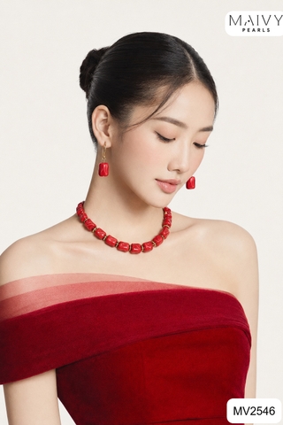 MV2546 - Set 2 sản phẩm lắc tay và bông tai san hô đỏ khối size 11-13mm
