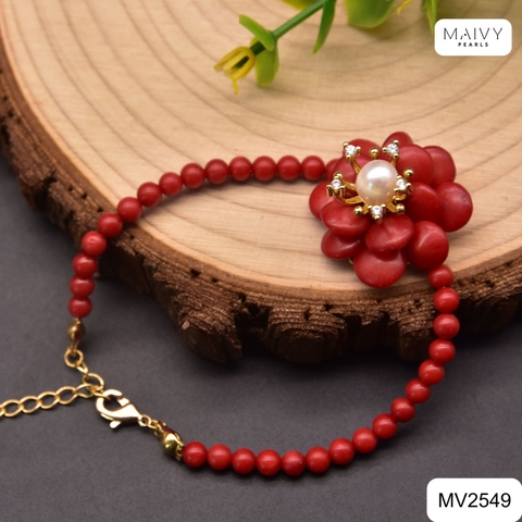 MV2549 - Set san hô đỏ tự nhiên kết hoa gồm dây chuyền/lắc/nhẫn/bông tai