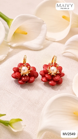 MV2549 - Set san hô đỏ tự nhiên kết hoa gồm dây chuyền/lắc/nhẫn/bông tai.