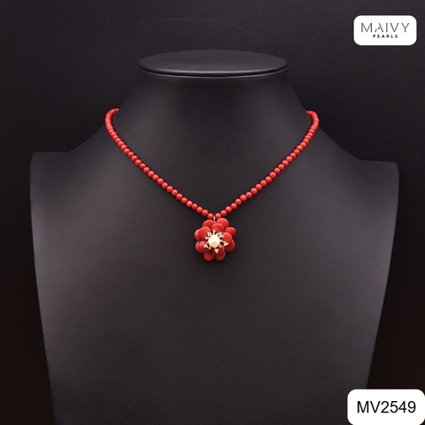 MV2549 - Set san hô đỏ tự nhiên kết hoa gồm dây chuyền/lắc/nhẫn/bông tai