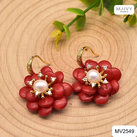 MV2549 - Set san hô đỏ tự nhiên kết hoa gồm dây chuyền/lắc/nhẫn/bông tai