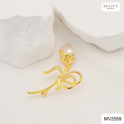 MV2559 - Cài áo hoa lan thiết kế viên trai baroque màu trắng phụ kiện bạc 925 mạ vàng 18k