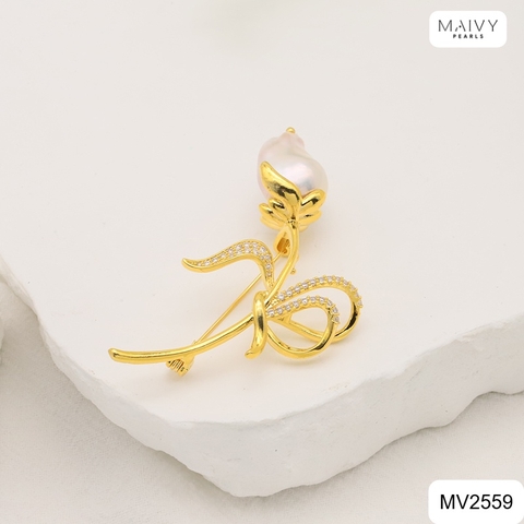 MV2559 - Cài áo hoa lan thiết kế viên trai baroque màu trắng phụ kiện bạc 925 mạ vàng 18k