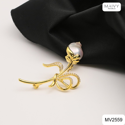 MV2559 - Cài áo hoa lan thiết kế viên trai baroque màu trắng phụ kiện bạc 925 mạ vàng 18k