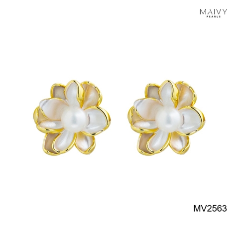 MV2563- Bông tai dáng hoa mạ vàng 18k đính ngọc trai trắng sz z6-7mm