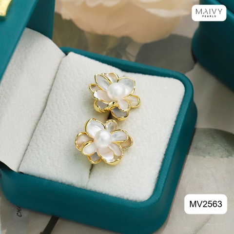 MV2563- Bông tai dáng hoa mạ vàng 18k đính ngọc trai trắng sz z6-7mm