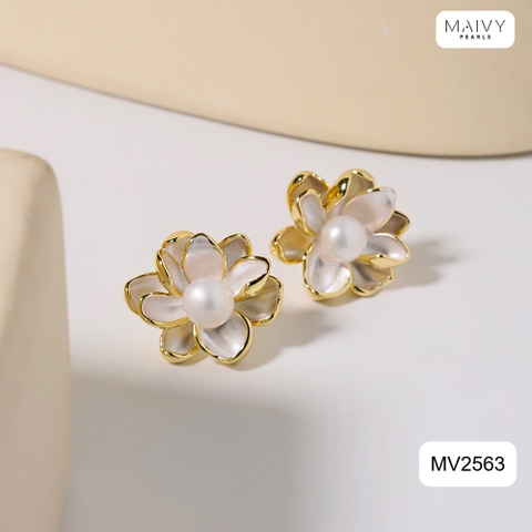 MV2563- Bông tai dáng hoa mạ vàng 18k đính ngọc trai trắng sz z6-7mm