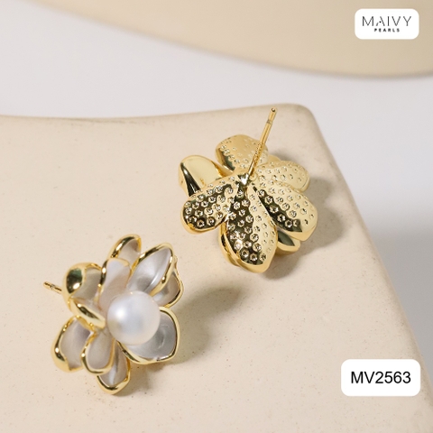 MV2563- Bông tai dáng hoa mạ vàng 18k đính ngọc trai trắng sz z6-7mm