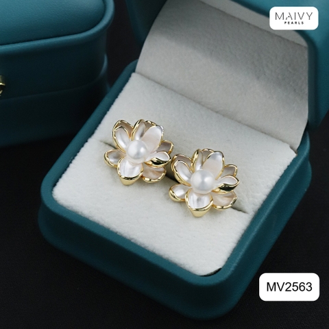 MV2563- Bông tai dáng hoa mạ vàng 18k đính ngọc trai trắng sz z6-7mm