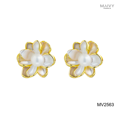 MV2563- Bông tai dáng hoa mạ vàng 18k đính ngọc trai trắng sz z6-7mm