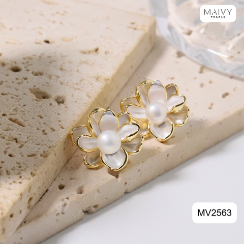 MV2563- Bông tai dáng hoa mạ vàng 18k đính ngọc trai trắng sz z6-7mm