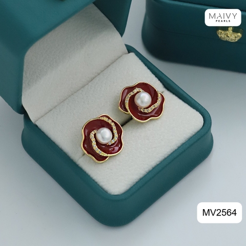 MV2564 - bông tai hoa đỏ nữ tính đính ngọc trai tròn trắng sz 5-6mm
