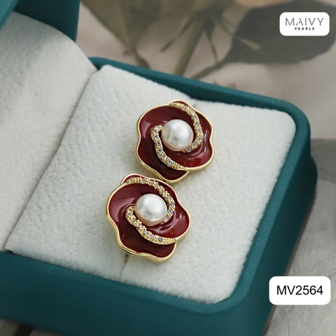 MV2564 - bông tai hoa đỏ nữ tính đính ngọc trai tròn trắng sz 5-6mm