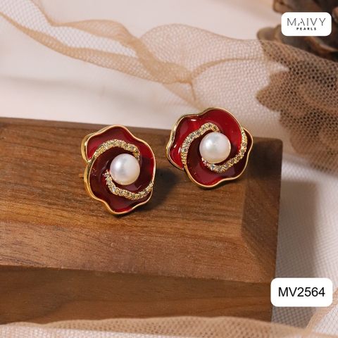 MV2564 - bông tai hoa đỏ nữ tính đính ngọc trai tròn trắng sz 5-6mm