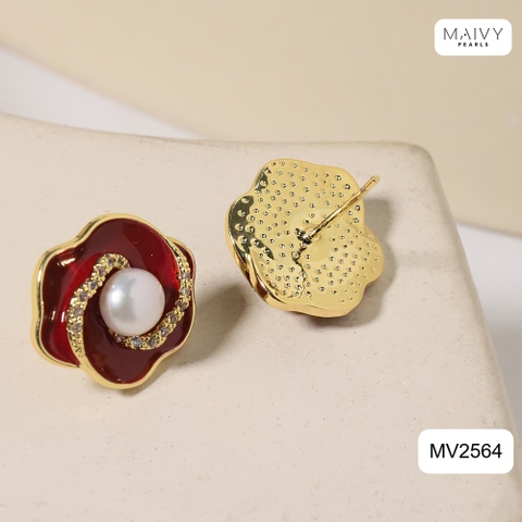 MV2564 - bông tai hoa đỏ nữ tính đính ngọc trai tròn trắng sz 5-6mm