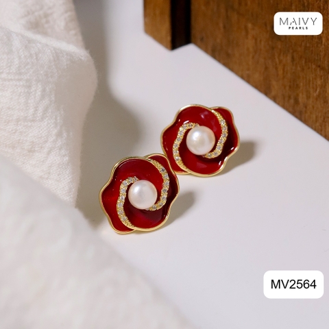MV2564 - bông tai hoa đỏ nữ tính đính ngọc trai tròn trắng sz 5-6mm