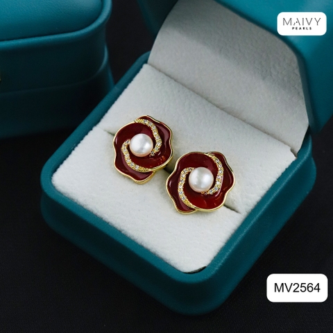 MV2564 - bông tai hoa đỏ nữ tính đính ngọc trai tròn trắng sz 5-6mm