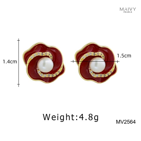 MV2564 - bông tai hoa đỏ nữ tính đính ngọc trai tròn trắng sz 5-6mm