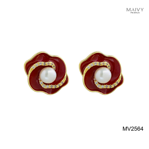 MV2564 - bông tai hoa đỏ nữ tính đính ngọc trai tròn trắng sz 5-6mm