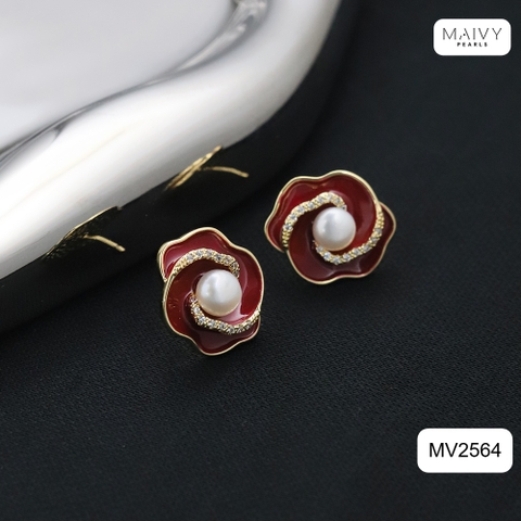 MV2564 - bông tai hoa đỏ nữ tính đính ngọc trai tròn trắng sz 5-6mm