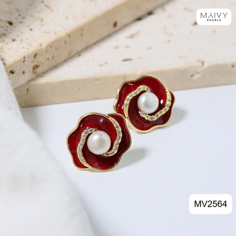 MV2564 - bông tai hoa đỏ nữ tính đính ngọc trai tròn trắng sz 5-6mm